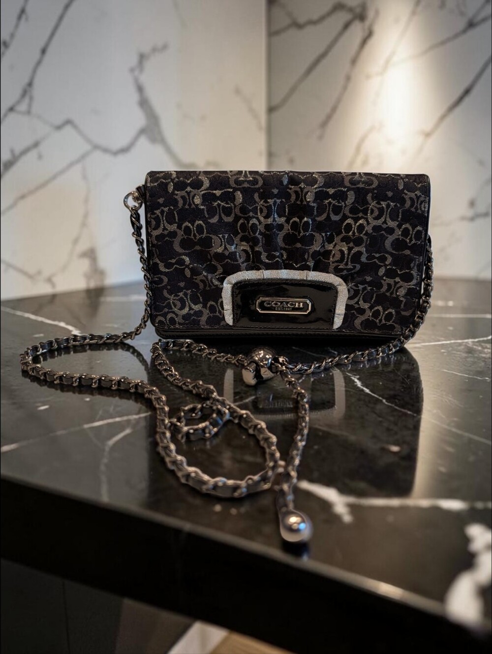 Coach Signature Gray and Black Jacquard Snap Clutch